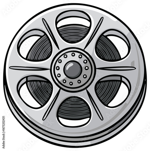 Film reel in shades of gray, for movie production and video editing themes.
