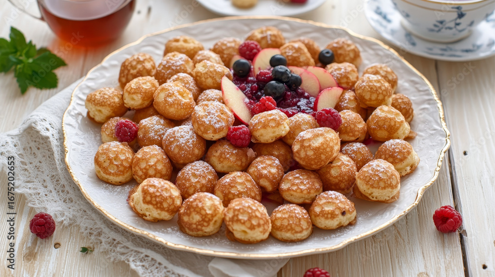 Fototapeta premium Delicious Dutch poffertjes pancake with fresh berries and fruit on white plate.