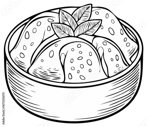 Bowl of rolled dessert pancakes or crepes with decorative garnish simple line art illustration