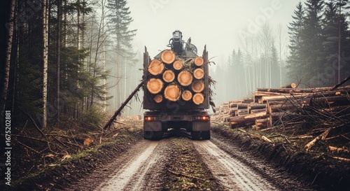 Logging truck laden with logs, heading away down a dirt road