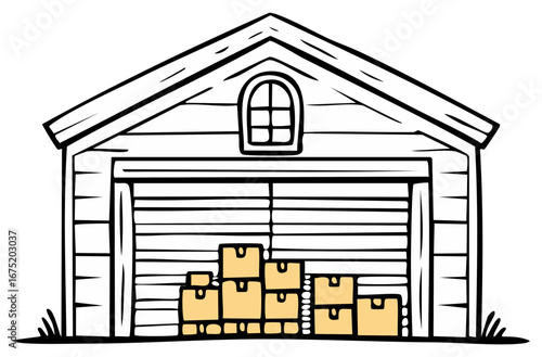 Cartoon storage shed with rolled up door and stacked cardboard boxes inside