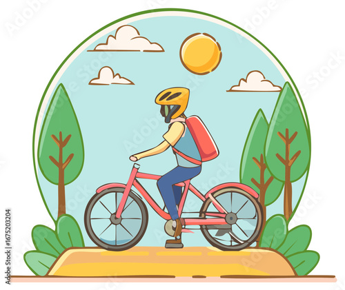 Delivery boy cycling with backpack, trees and clouds, sunny day vector illustration