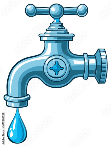 Cartoon Illustration of a Plumbing Fixture with a Falling Drop of Water Icon Symbol