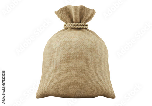 Isolated beige burlap sack tied with twine, filled with loot, goods or food supplies