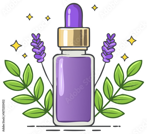 Illustrated lavender aromatherapy oil in a cosmetic dropper bottle for skincare and wellness