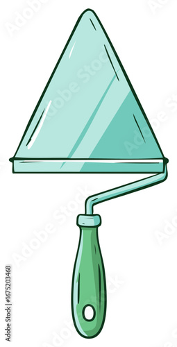 Cartoon illustration of a triangular plastering trowel with a green handle