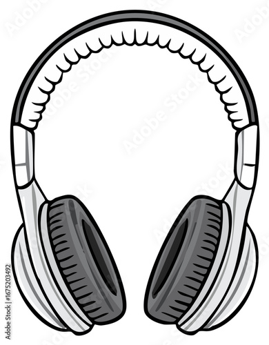 Classic over ear headphones in a black and white cartoon style illustration for music and audio