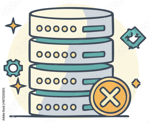 Cartoon Data Server With Gear, Delete Icon, Broken Icon, and Star Symbol Concept