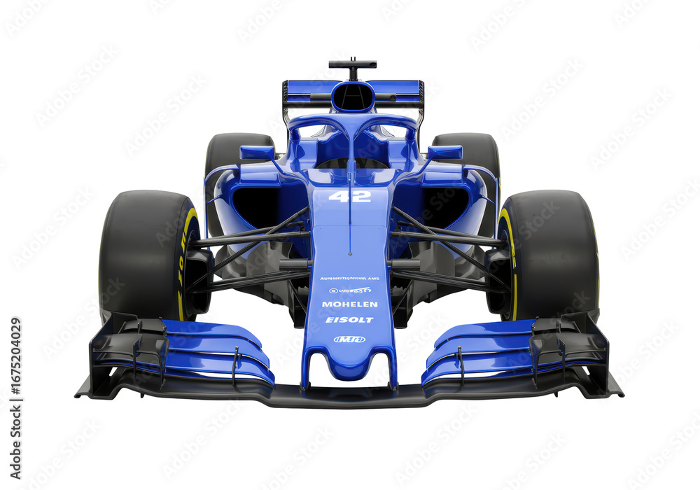 Naklejka premium Isolated Blue Formula One Racecar, Front View, Number 42, Streamlined Body, Racing Sport Style