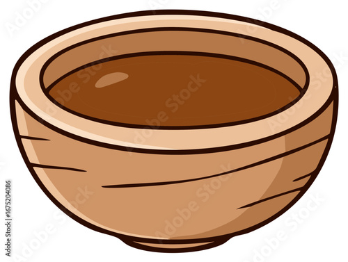 Cartoon bowl filled with brown liquid, simple drawing, isolated on white