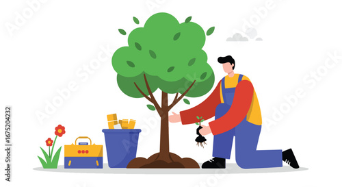 Man planting a sapling near a growing tree,  recycling nearby, symbolizing environmental care and sustainability.