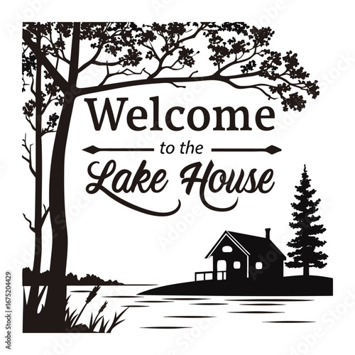 "Charming 'Welcome to the Lake House' typography, evoking cozy lakeside vibes with playful lettering, perfect for signs, decor, and warm, inviting spaces."
