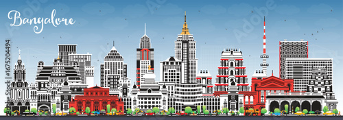 Bangalore India city skyline with color buildings and blue sky. Bengaluru cityscape with landmarks. Business travel and tourism concept with modern and historic architecture.