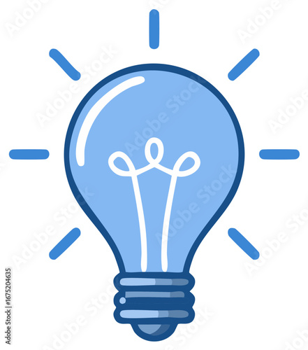Cartoon style blue light bulb with radiating lines, idea concept