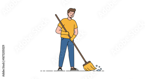A man diligently mops a floor, wearing gloves and a casual outfit.