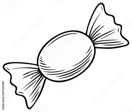 Illustration of wrapped candy with crinkled wrapper ends in black and white outline style for web and print uses
