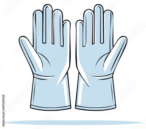 Pair of light blue cartoon style illustrated medical or cleaning gloves shown from front