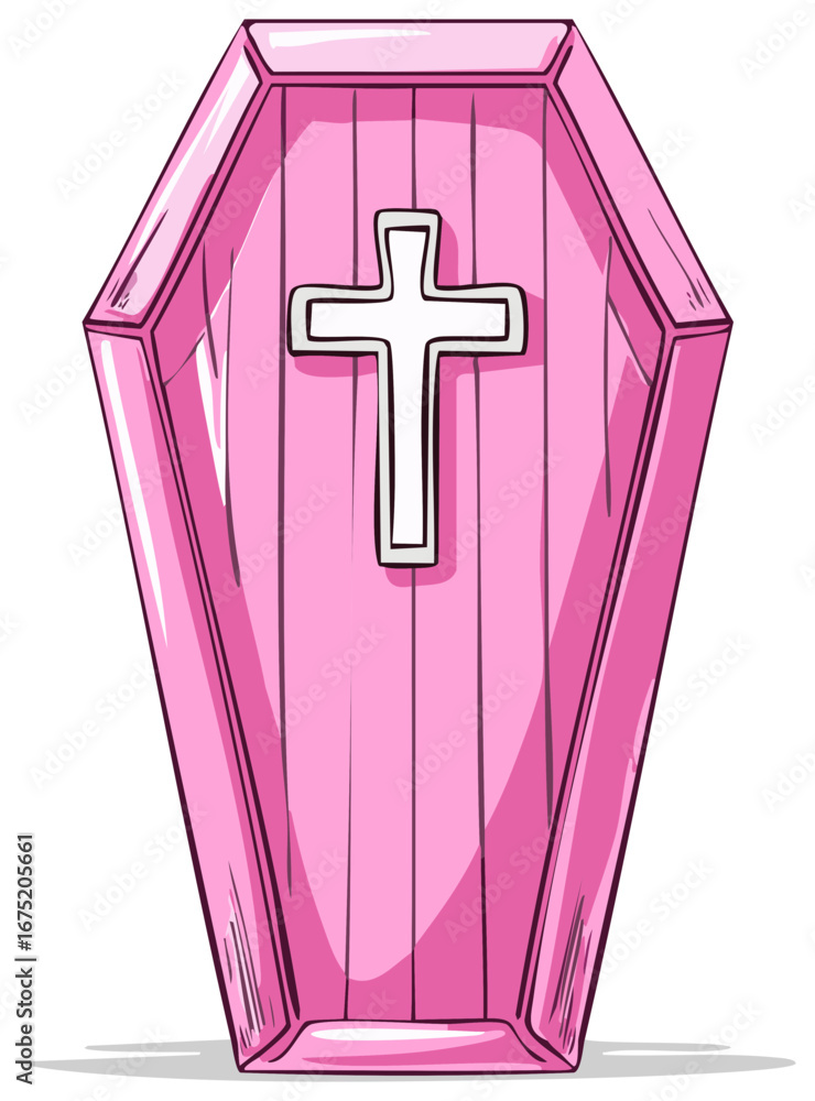 Obraz premium Cartoon Pink Coffin with Cross Illustration of Death and Afterlife Symbol