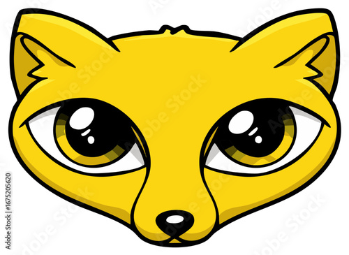 Cute cartoon yellow fox head with big shiny anime style eyes vector illustration
