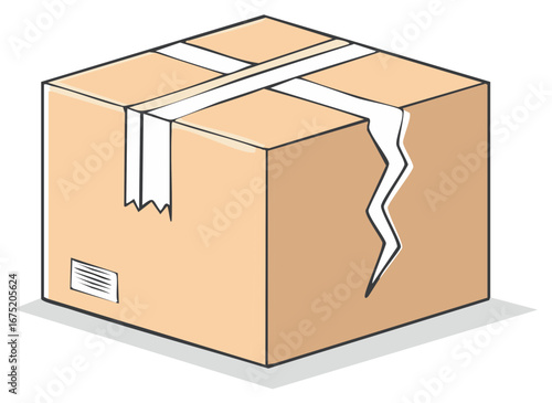 Damaged cardboard box with tape and a large crack on the side