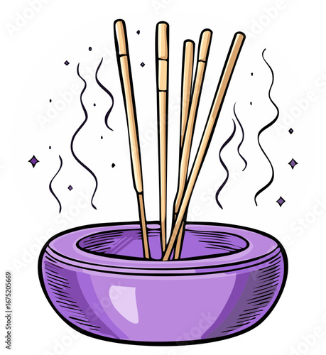 Cartoon illustration of incense sticks in a purple bowl with wisps of smoke