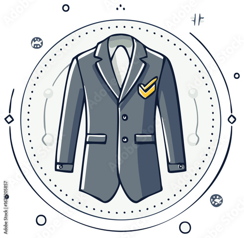 Suit jacket illustration with checkmark badge in round decorative frame