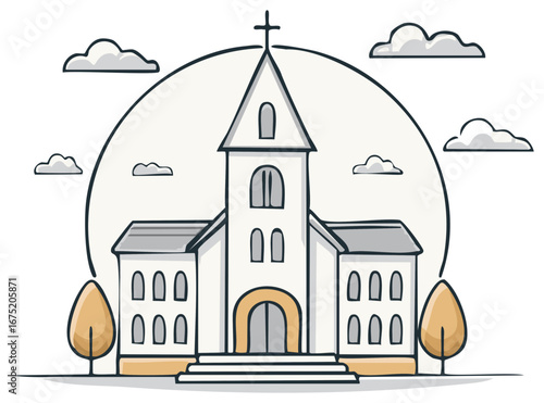 Simple hand drawn illustration of a church building with a cross on the steeple and trees