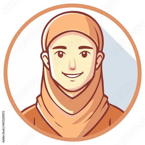 Smiling Woman Wearing Orange Hijab and Outfit in a Circle Portrait