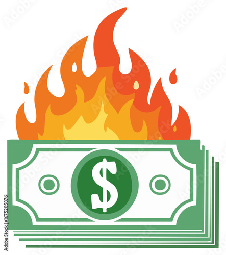 Burning money illustration symbolizing financial loss economic crisis inflation and economic downturn