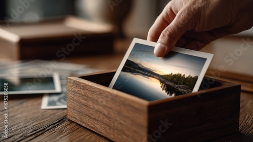 Hand places  photograph of  serene lakeside landscape with reflections into  wooden keepsake box