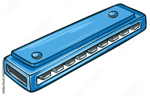A classic blue harmonica mouth organ musical instrument in a bold cartoon vector style illustration.