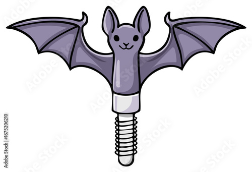 Cute purple cartoon bat character with a whimsical screw shaped lower body illustration