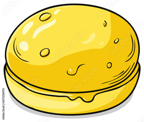 Vibrant yellow custard dessert with drips, isolated cartoon illustration.