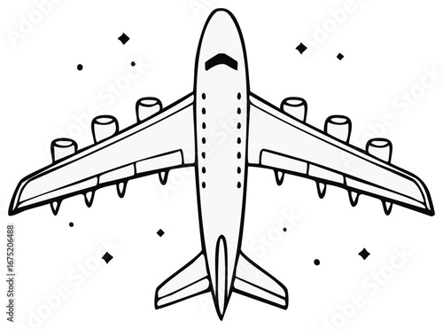 Top down view of a large passenger airplane flying in starry sky black and white line art illustration