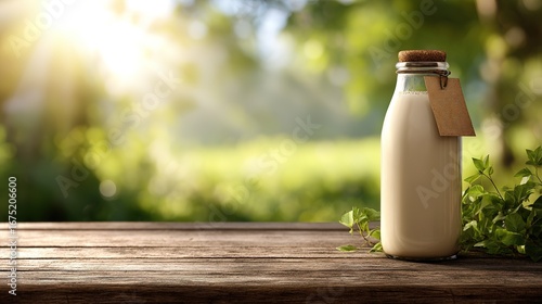 glass bottle filled with creamy liquid stands on  wooden table bathed in soft sunlight filtering through lush green foliage