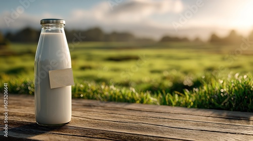 glass bottle of milk with  blank label rests on  wooden table in  sunlit green field