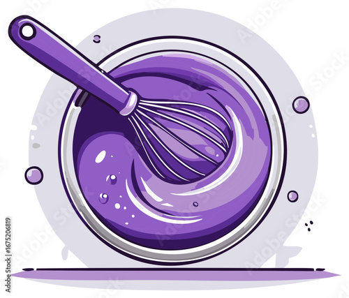 Purple liquid being mixed in a bowl with a whisk cooking preparation concept