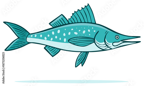 Stylized cartoon drawing of a swimming blue green spearfish with a spotted pattern