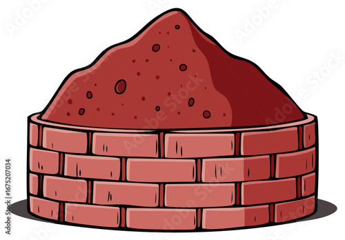 Illustration of a red brick well filled with reddish soil or clay in cartoon style