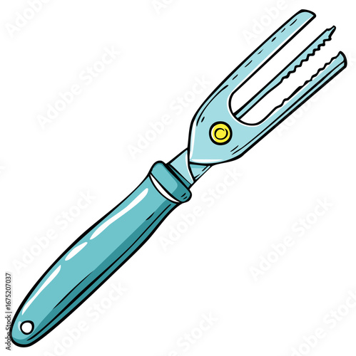Cartoon style hand drawn illustration of a blue garden weeder fork with a serrated edge