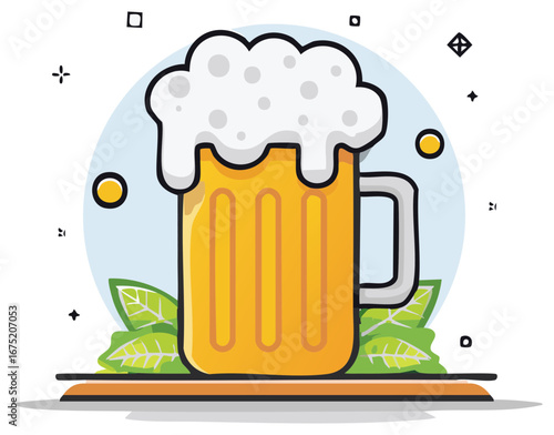 Illustration of beer mug with foam and bubbles, framed by leaves and geometric shapes, cartoon style