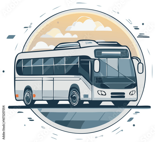 Modern white passenger bus traveling through a circular frame with clouds and sun