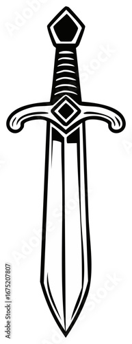 Classic medieval knight sword with a diamond hilt and decorative blade detail