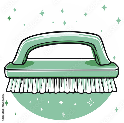 Green cartoon scrub brush with sparkles for cleaning household chores vector illustration
