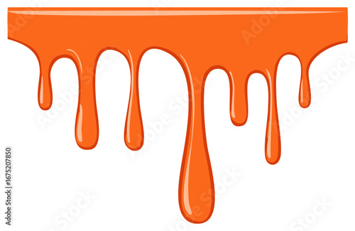 Orange liquid dripping from a surface, creating viscous fluid drops and streaks