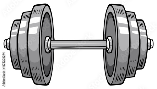Bold graphic illustration of a single dumbbell with multiple weight plates for fitness and strength training