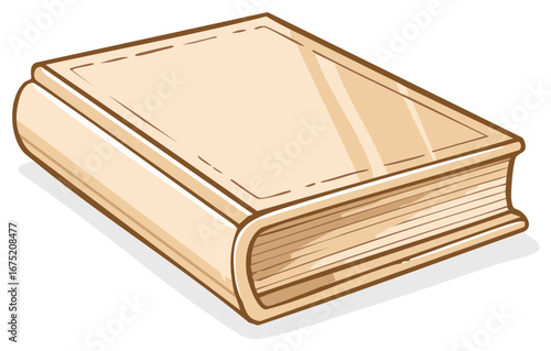Cartoon-style illustration of a closed book, with pages and cover visible in beige tones
