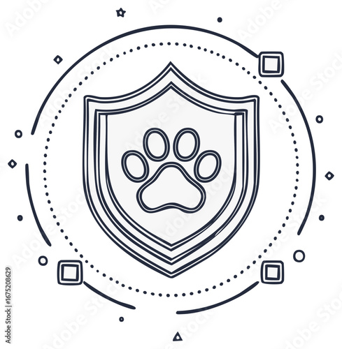 Line art illustration of a paw print inside a shield for animal safety and pet insurance