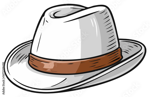 Classic Panama Hat Illustration with Brown Ribbon Band Fashionable Headwear Accessory