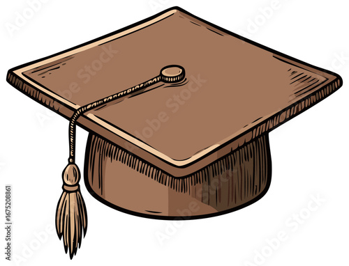 Illustration of a graduation cap with tassel, brown and tan, vector design